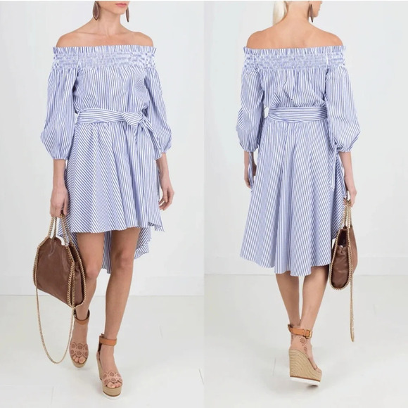 Caroline Constas Dresses & Skirts - Caroline Constas Blue Stripe Lou Off Shoulder Dress Small Bow Tie Waist High Low